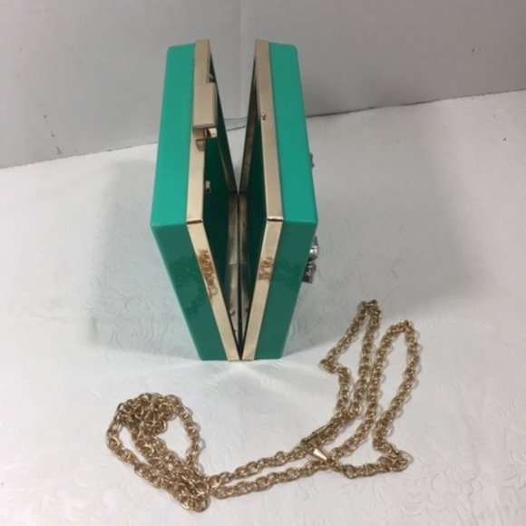 Fashionable Rhinestone Hardcase Box Turquoise Glam Clutch Crossbody 5x6 - Picture 7 of 13